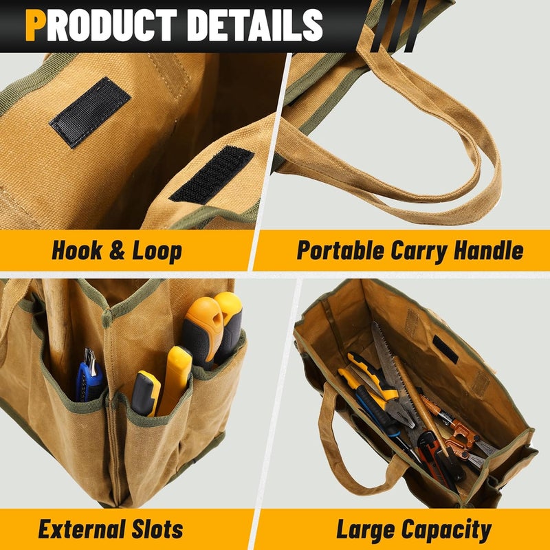 Kaaltisy 16OZ Waxed Canvas Tool Tote Bag | Large-Capacity Tool Storage Tote with 10 External Pockets | Multi-Purpose Garden Tool Carrier for Gardening, Wrench, and Carpentry Tools – Khaki - Image 3